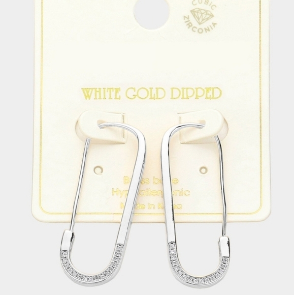 NWT White Gold Dipped CZ Stone Paved Safety Pin Hoop Earrings - Picture 2 of 2